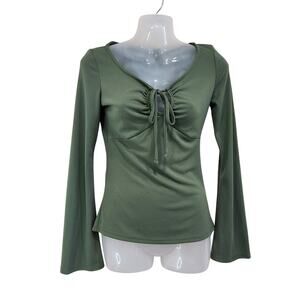Parallel Flared Long Sleeve Tassel Neck Blouse Olive Green Pullover Size XS